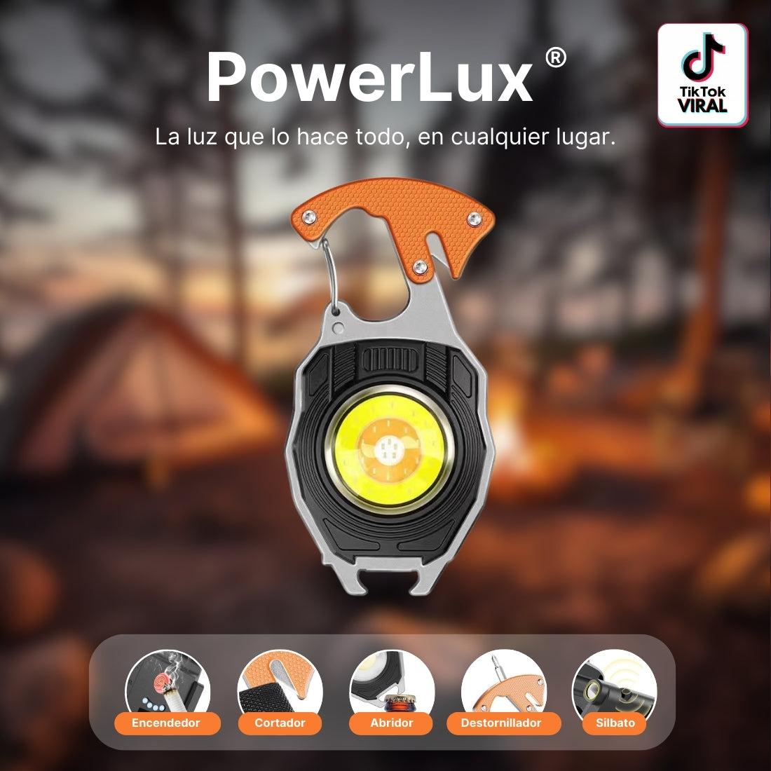 PowerLux® Herramienta Multiusos con Luz, Destornillador, Silbato, Encendedor, Cortador, Abridor