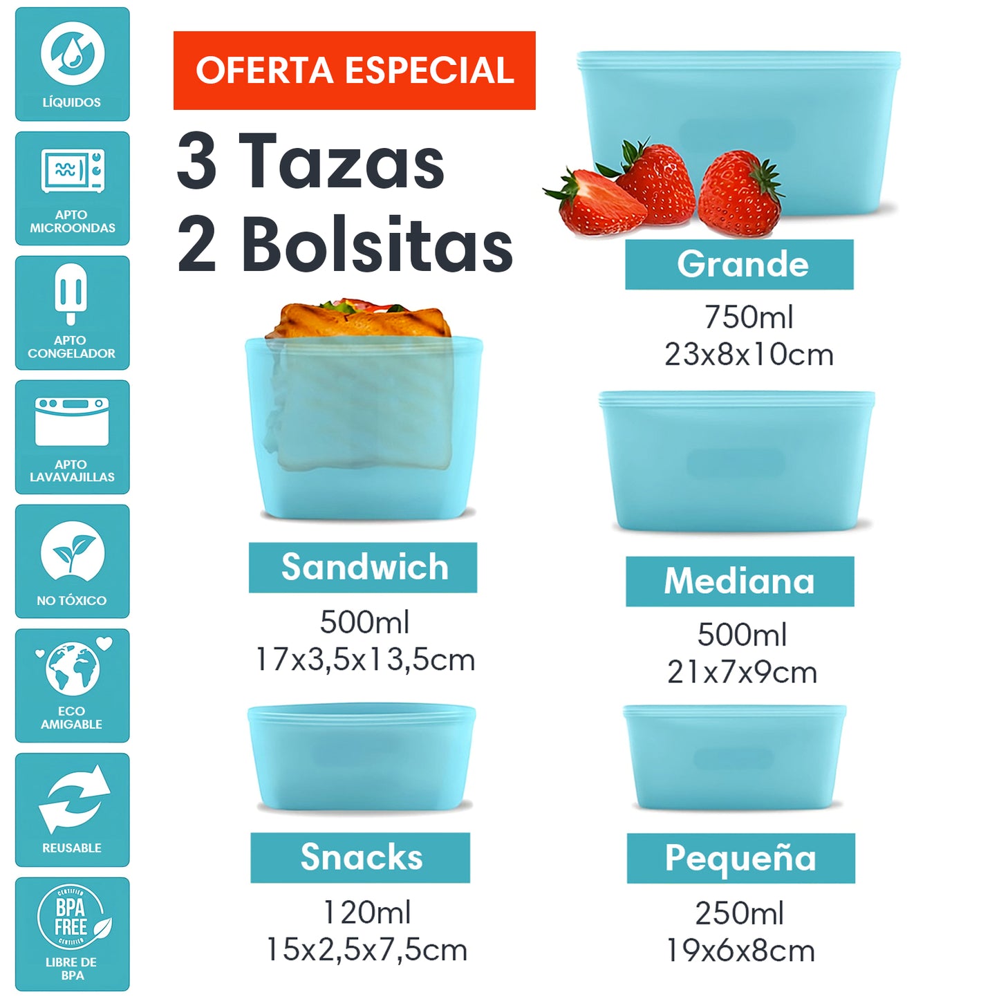 Contenedores de Silicona Reutilizables SwipZip Pack 3 Tazas + 2 Bolsitas